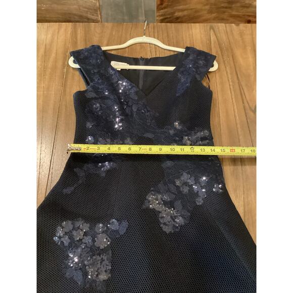 rickie freeman teri jon a line navy sleeveless floral sequin applique dress 2 - Picture 7 of 13
